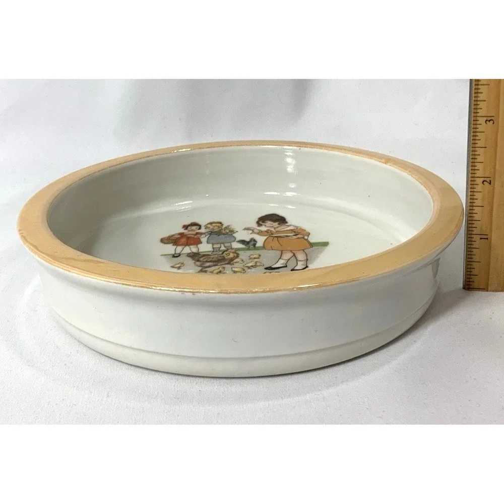 Antique‎ Baby Dish Bowl Ceramic German 1920s? Feeding Chickens